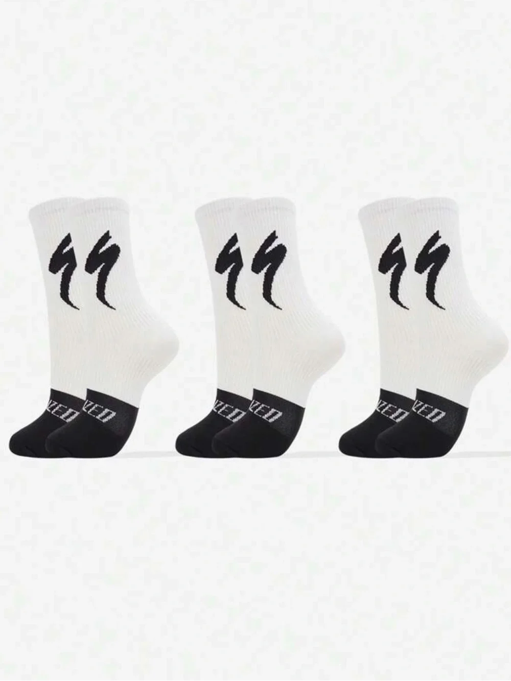 White & Black Athletic men’s cycling Crew Socks with Lightning Logo - Pack of 3